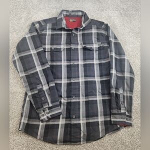 Eddie Bauer Travex Shirt Mens Medium Grey Plaid Flannel Button Up Outdoors Camp